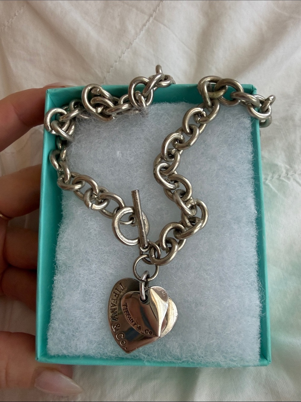 Vintage Tiffany & Co. Silver Heart Toggle Charm Necklace with Heart Pendant